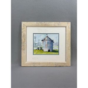 Framed Farmhouse Silos Watercolor Pastel Colors Signed Artwork